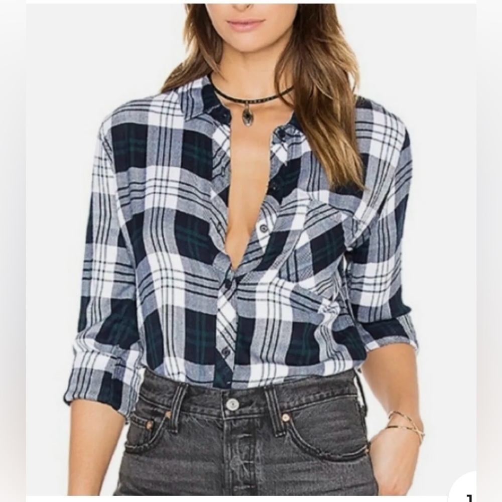 Rails white/navy/forest green hunter plaid button down shirt